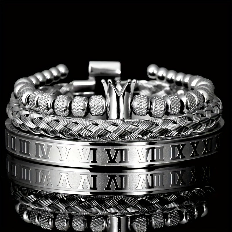 Men's Durable Stainless Steel Bracelet Set, Punk Style Crown Bracelet, Roman Letter Design Jewelry