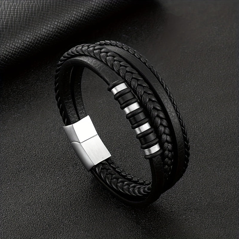 Men Fashion Punk Layered Braided Leather Bracelet, Casual Street Party Jewelry Accessories, Edgy Men's Bracelet, Fashion Accessory for Men