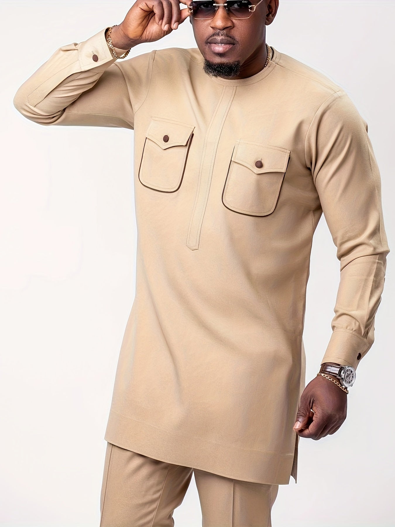 African men kaftan, Cultural outfit set, Crew neck shirt, Tailored trousers, Men's fashion