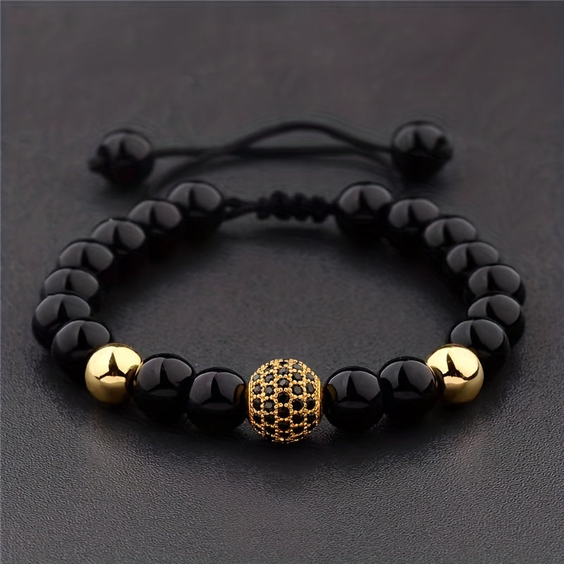 Adjustable Copper Micro-Set Zircon 10mm Round Ball Bracelet for Men | Black