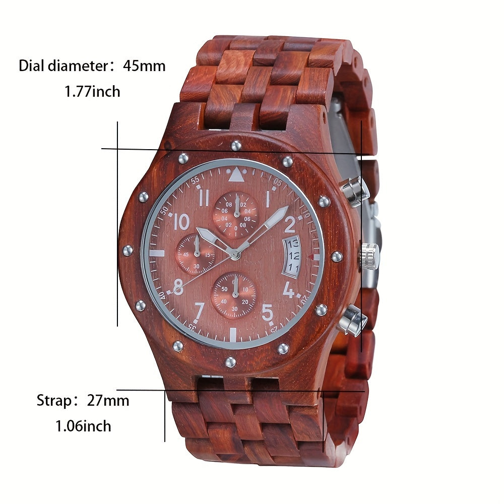 Natural Sandalwood Multifunctional Quartz Watch for Men | Red