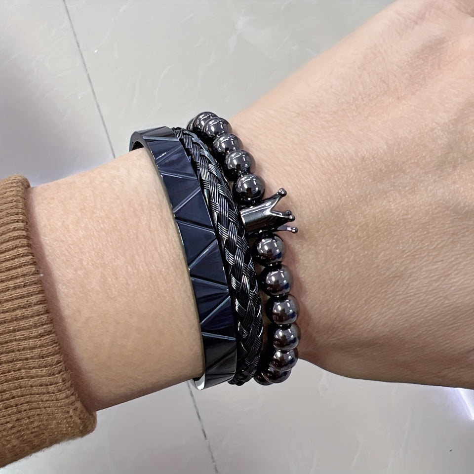 Stylish Men's Beaded Bracelets, Stainless Steel Bangles, Men's Fashion Accessories