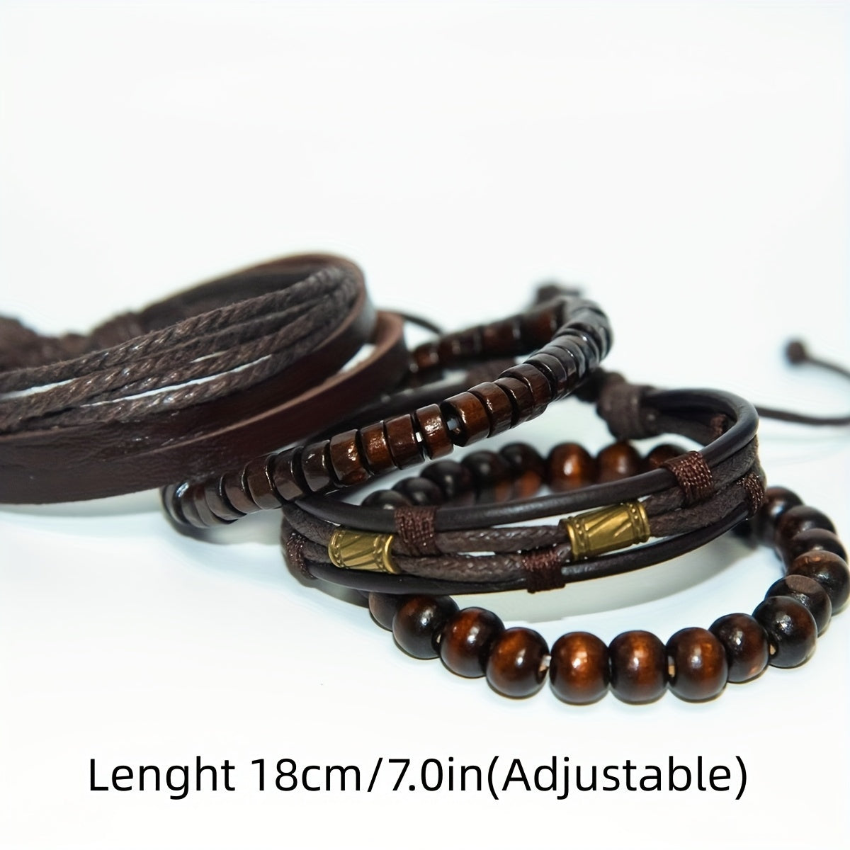 Brown braided leather bracelet set, Stylish wristwear, Trendy fashion accessory, Versatile leather bracelet set.