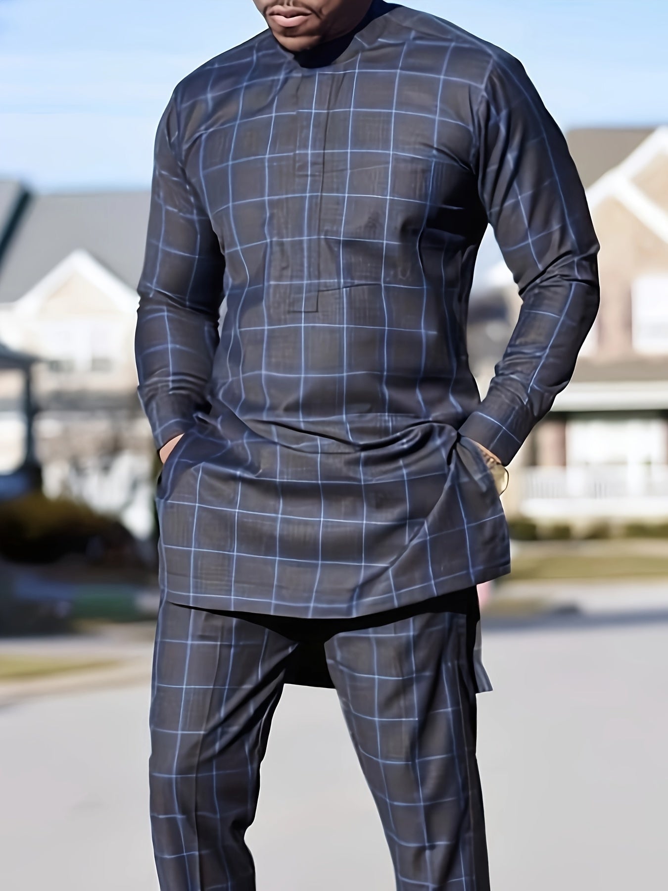 African men's outfit set, checkered pattern robes, drawstring trousers, cultural attire, men's fashion