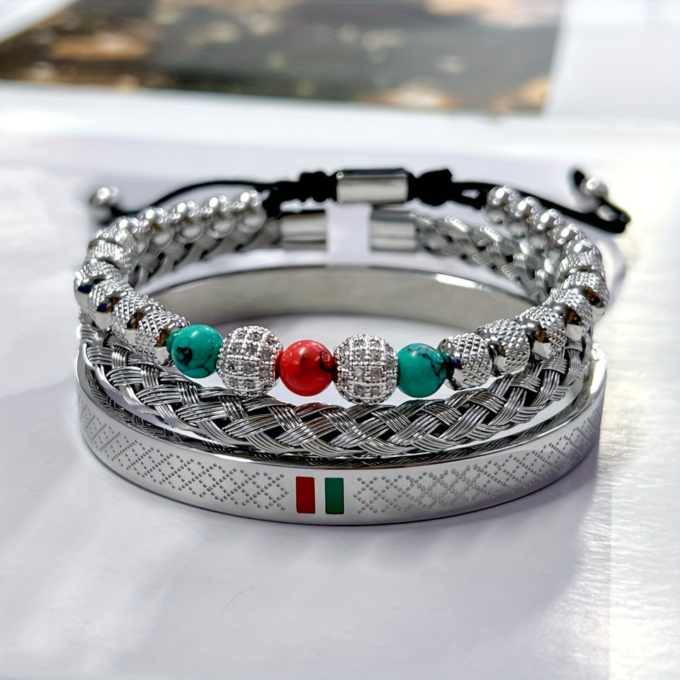 Vibrant Crystal Beaded Bracelets, Men's Fashion Accessories, Couples Jewelry, Enamel Green Red Bangles