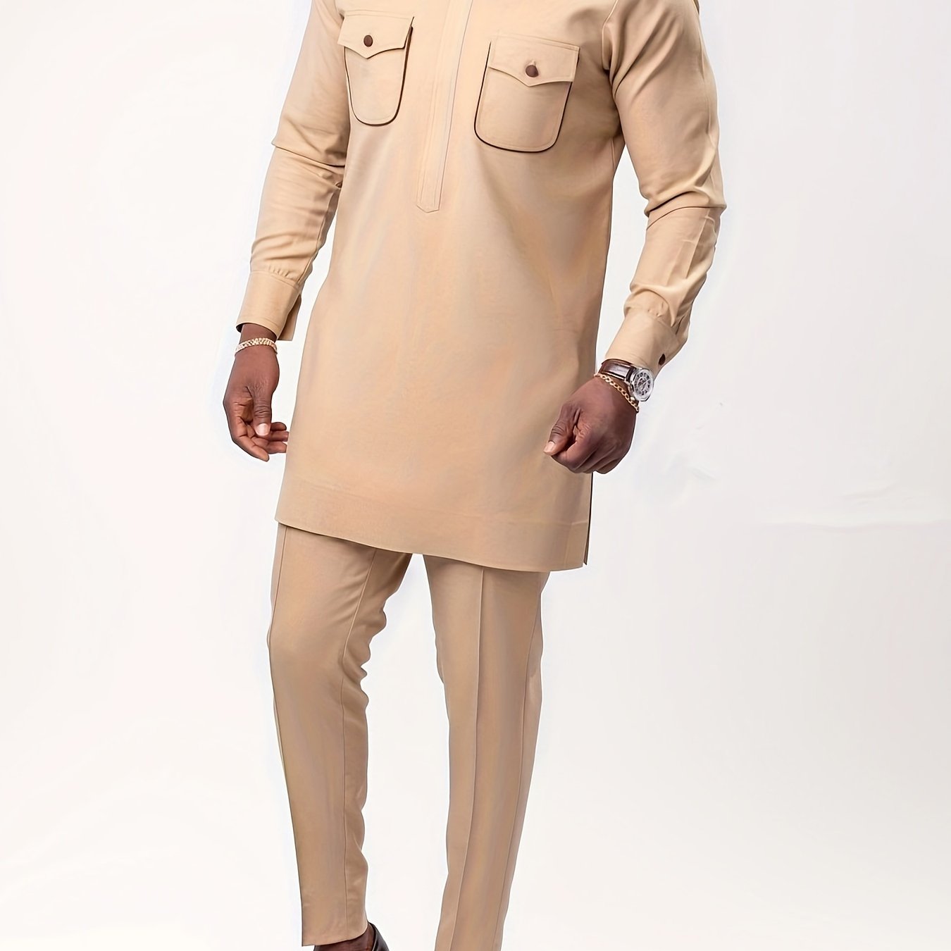 African men kaftan, Cultural outfit set, Crew neck shirt, Tailored trousers, Men's fashion