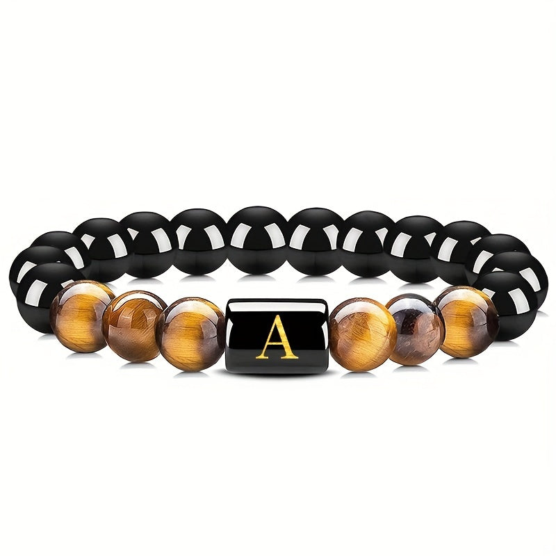 Natural Tiger Eye Stone Alphabet Letter Elastic Rope Bracelet for Men | Black