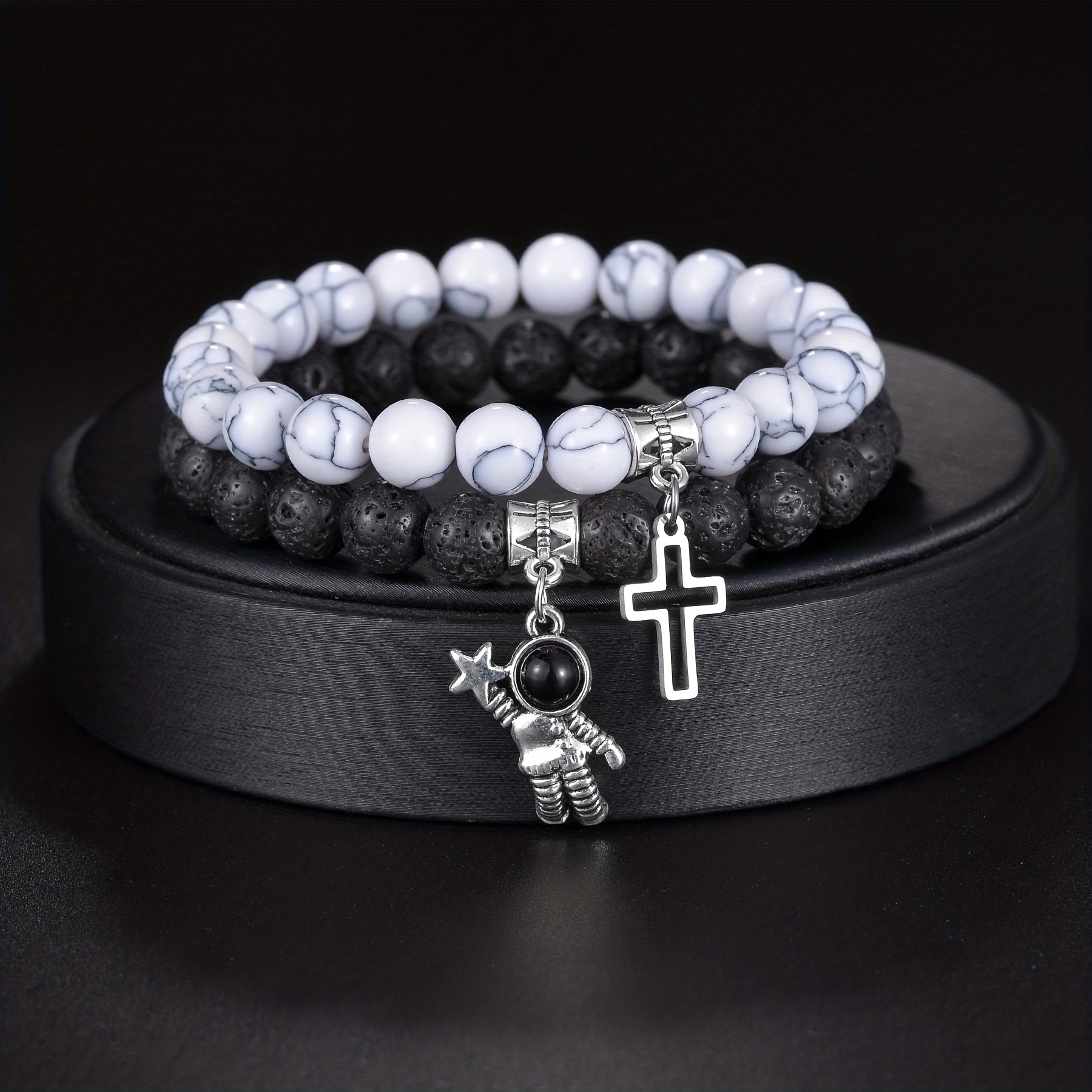 Volcanic Stone Cross Astronaut Pendant Bracelet for Men | Black & White