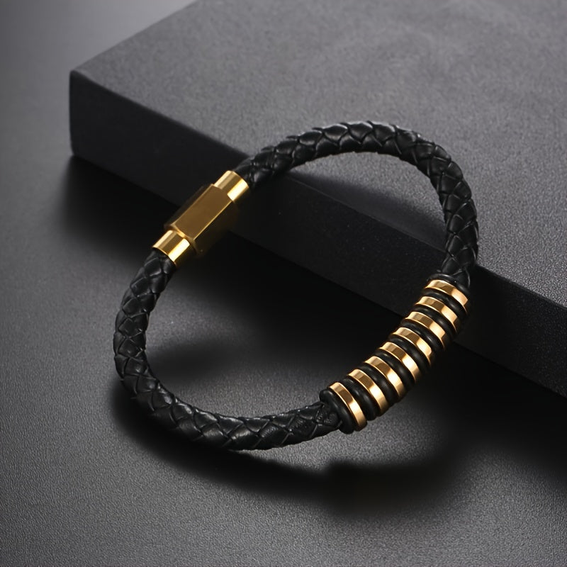 Men's Black PU Leather Bracelet, Stainless Steel Buckle Bracelet, Braided Cuff Wristband, Men's Fashion Accessory