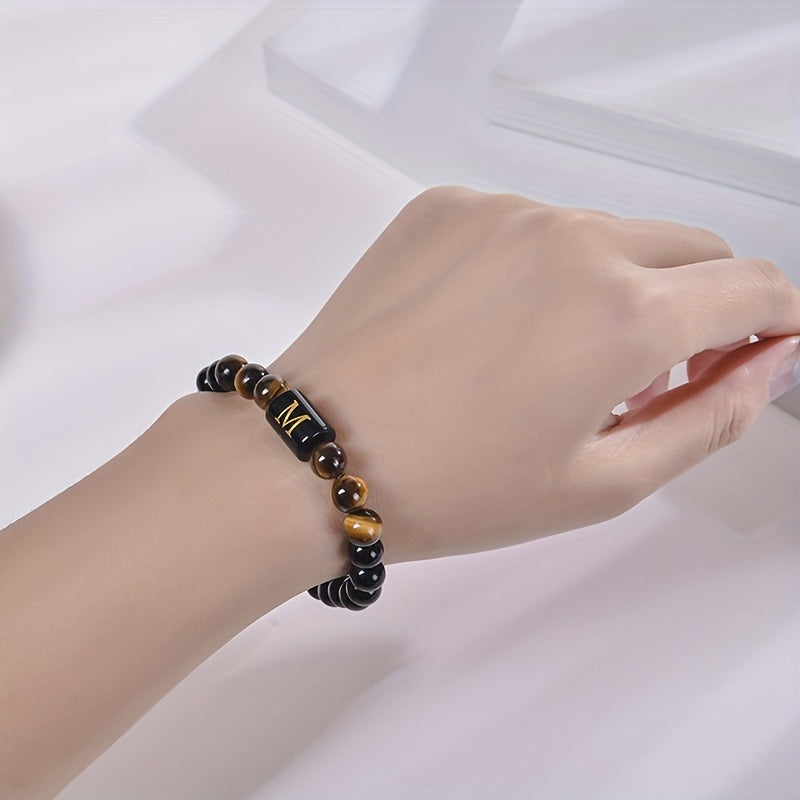 Natural Tiger Eye Stone Alphabet Letter Elastic Rope Bracelet for Men | Black