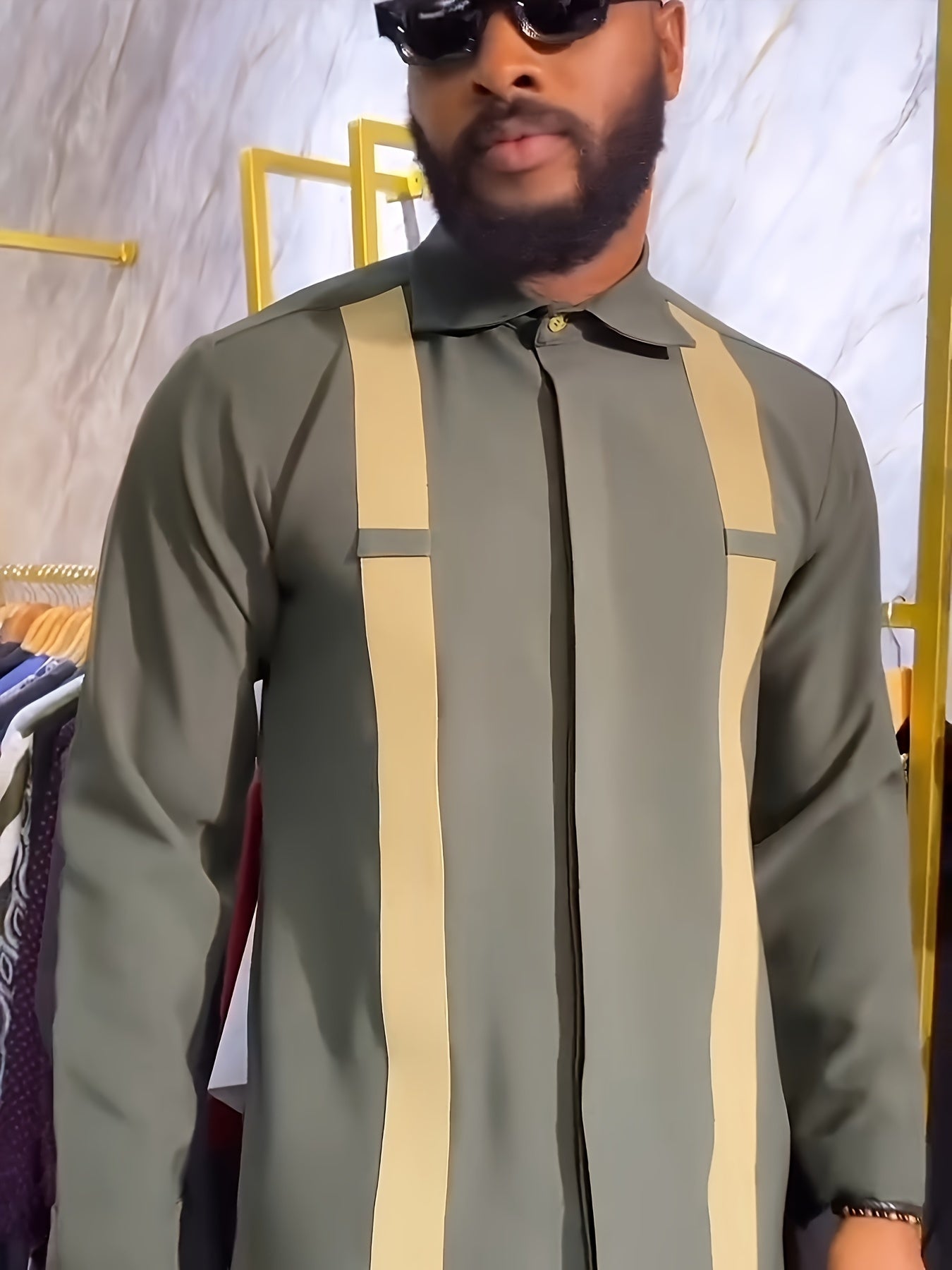 African Men Kaftan, Men's Outfit Set, Stripe Pattern Crew Neck Long Sleeve Robe, Drawstring Trousers