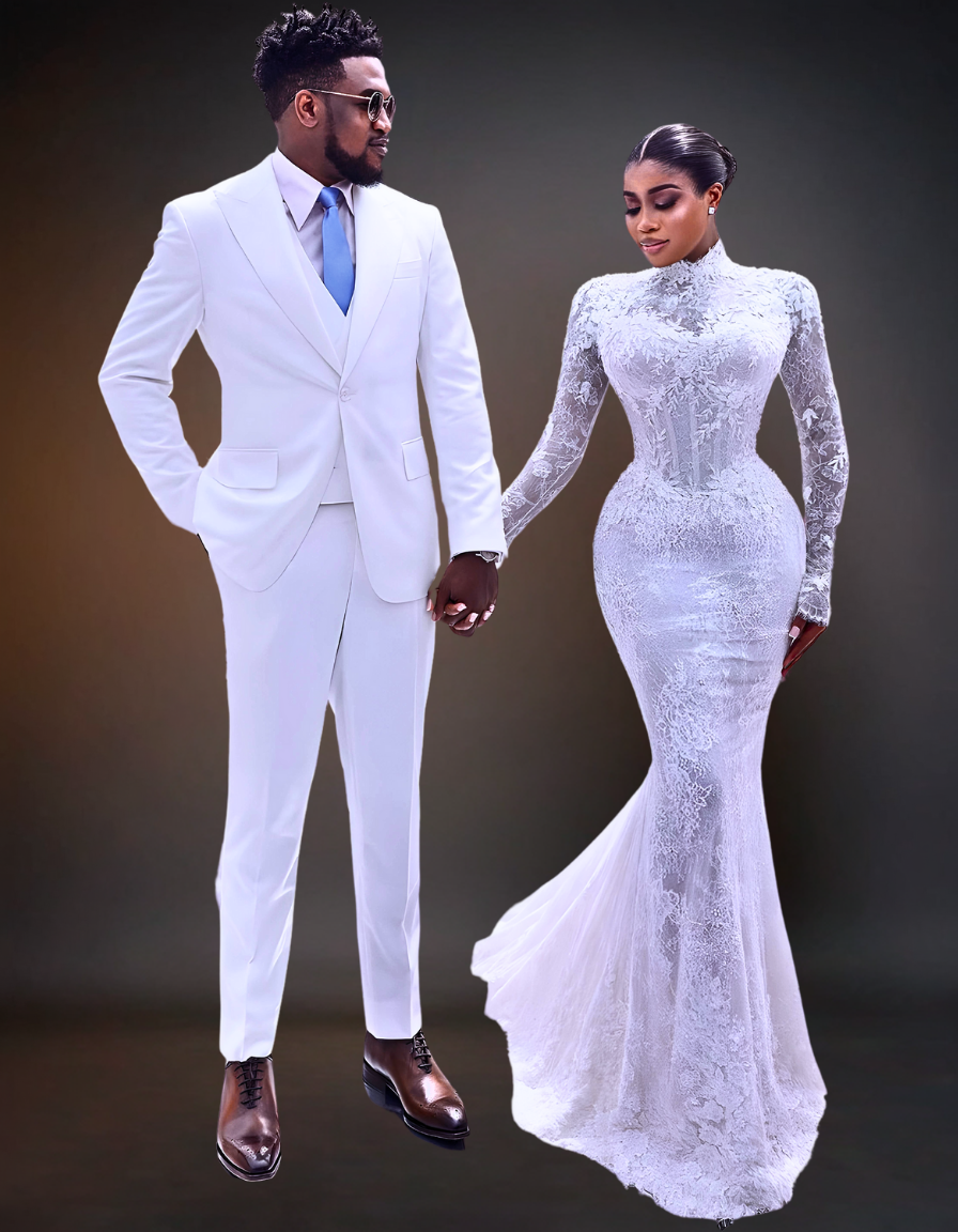 luxurious wedding scene featuring an elegant couple. The bride is wearing a stunning white wedding gown with intricate lace details and a flowing train. The groom is dressed in a sharp white suit.