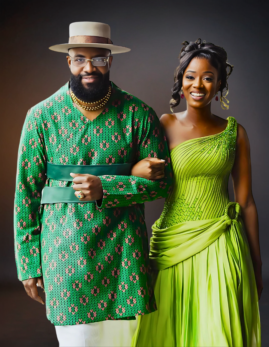 A sophisticated couple is elegantly dressed in coordinating green attire. The woman is wearing a stylish green dress, while the man is dressed in a sharp green shirt..