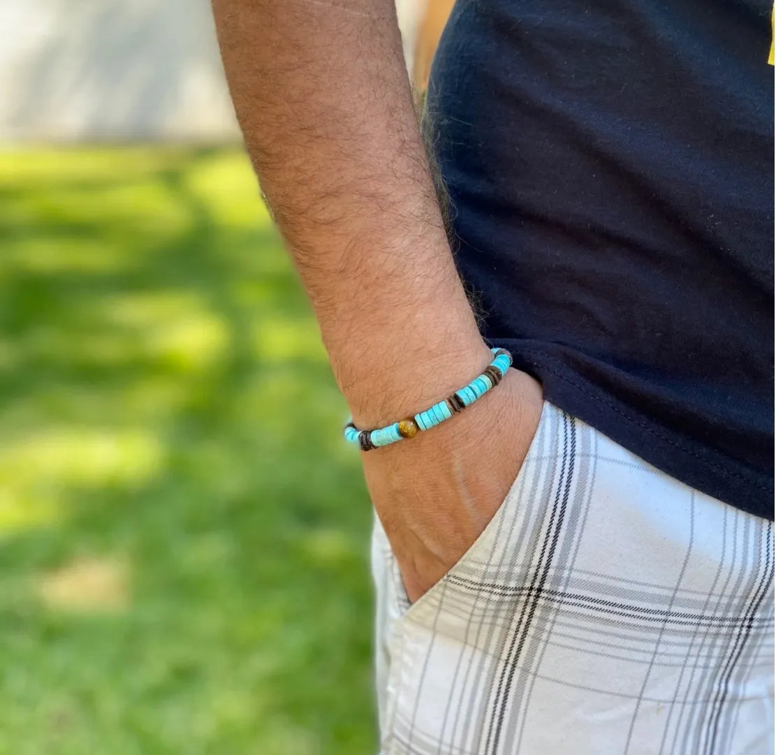 Boho Bracelet Stack with Turquoise and Coconut Beads