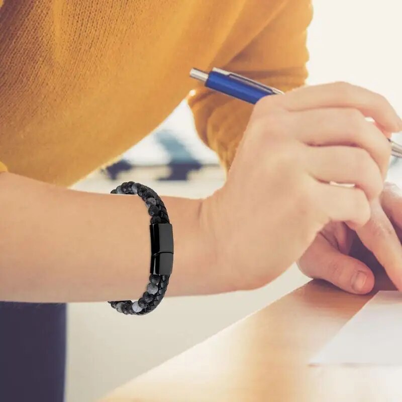 Maxhematie Beaded Leather Bracelet for Men | Black
