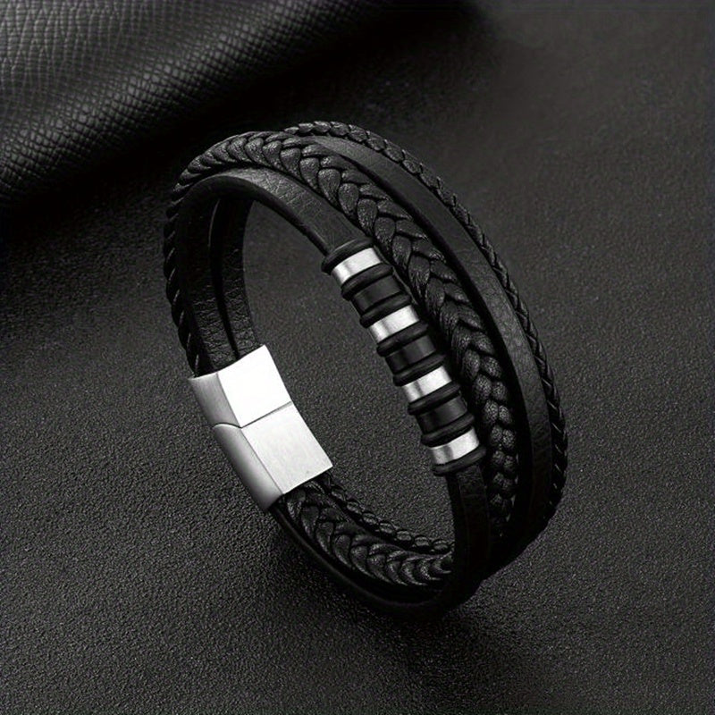 Men Fashion Punk Layered Braided Leather Bracelet, Casual Street Party Jewelry Accessories, Edgy Men's Bracelet, Fashion Accessory for Men