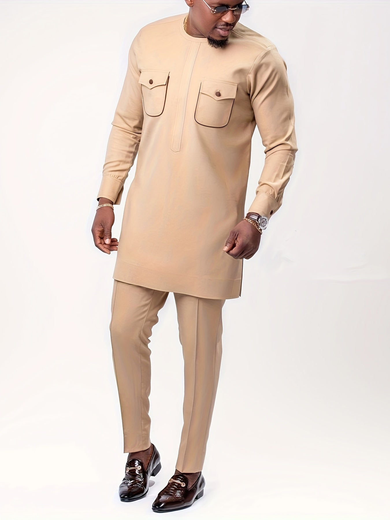 African men kaftan, Cultural outfit set, Crew neck shirt, Tailored trousers, Men's fashion