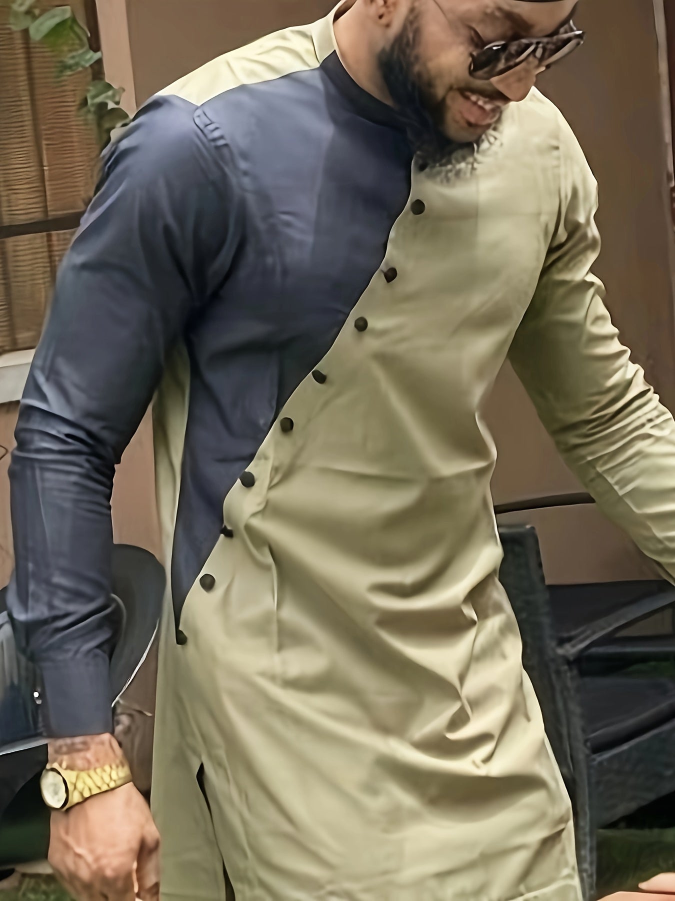 African men kaftan, men's African outfit set, color matching shirt, solid trousers, wheat colored