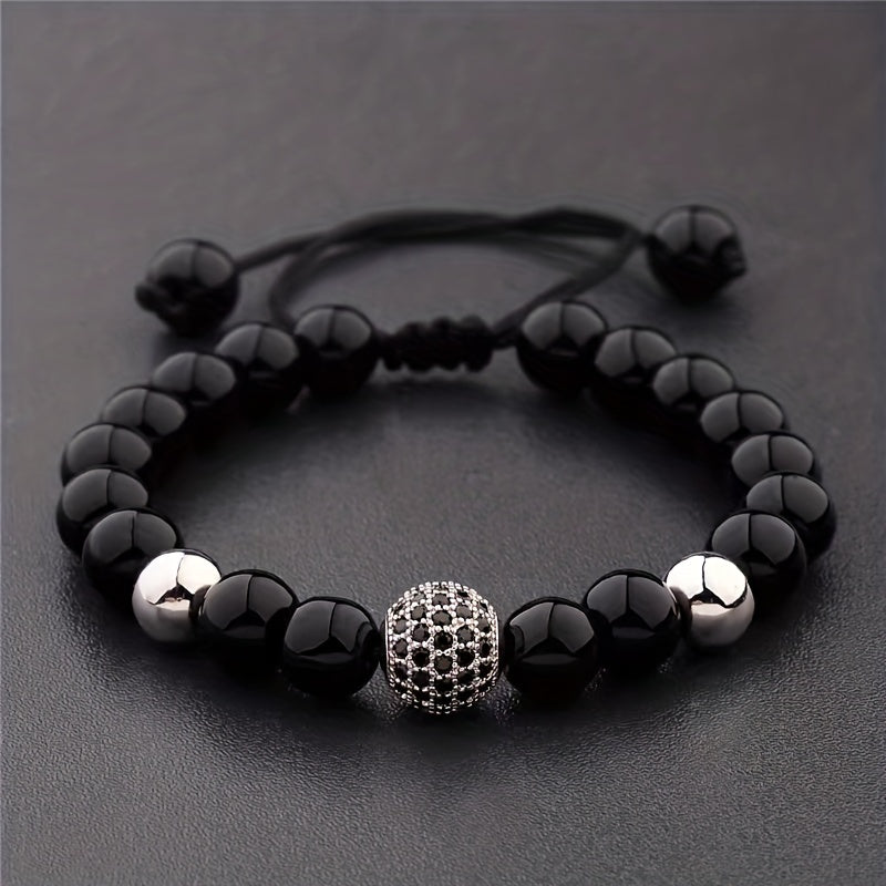 Adjustable Copper Micro-Set Zircon 10mm Round Ball Bracelet for Men | Black