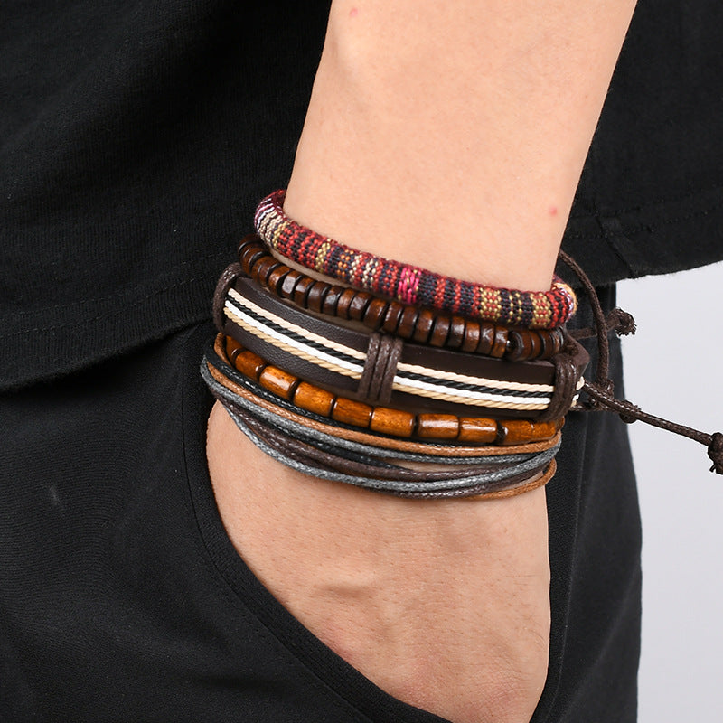 Adjustable leather bracelet set, men's fashion accessory, brown leather bracelets, stylish men's jewelry