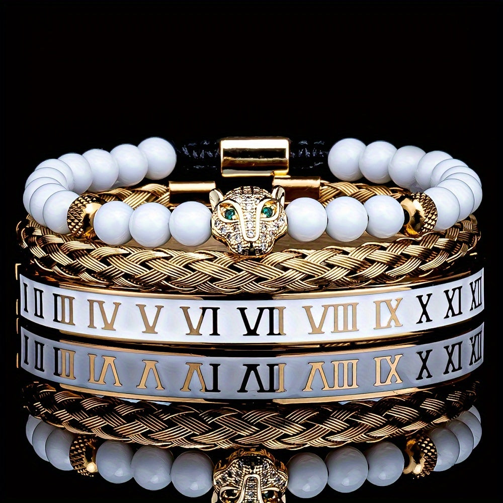 Luxurious gold-plated men's bracelet with skull and Roman numerals design
