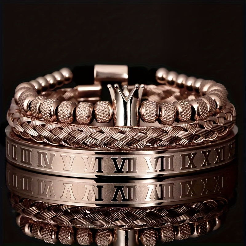 Men's Durable Stainless Steel Bracelet Set, Punk Style Crown Bracelet, Roman Letter Design Jewelry