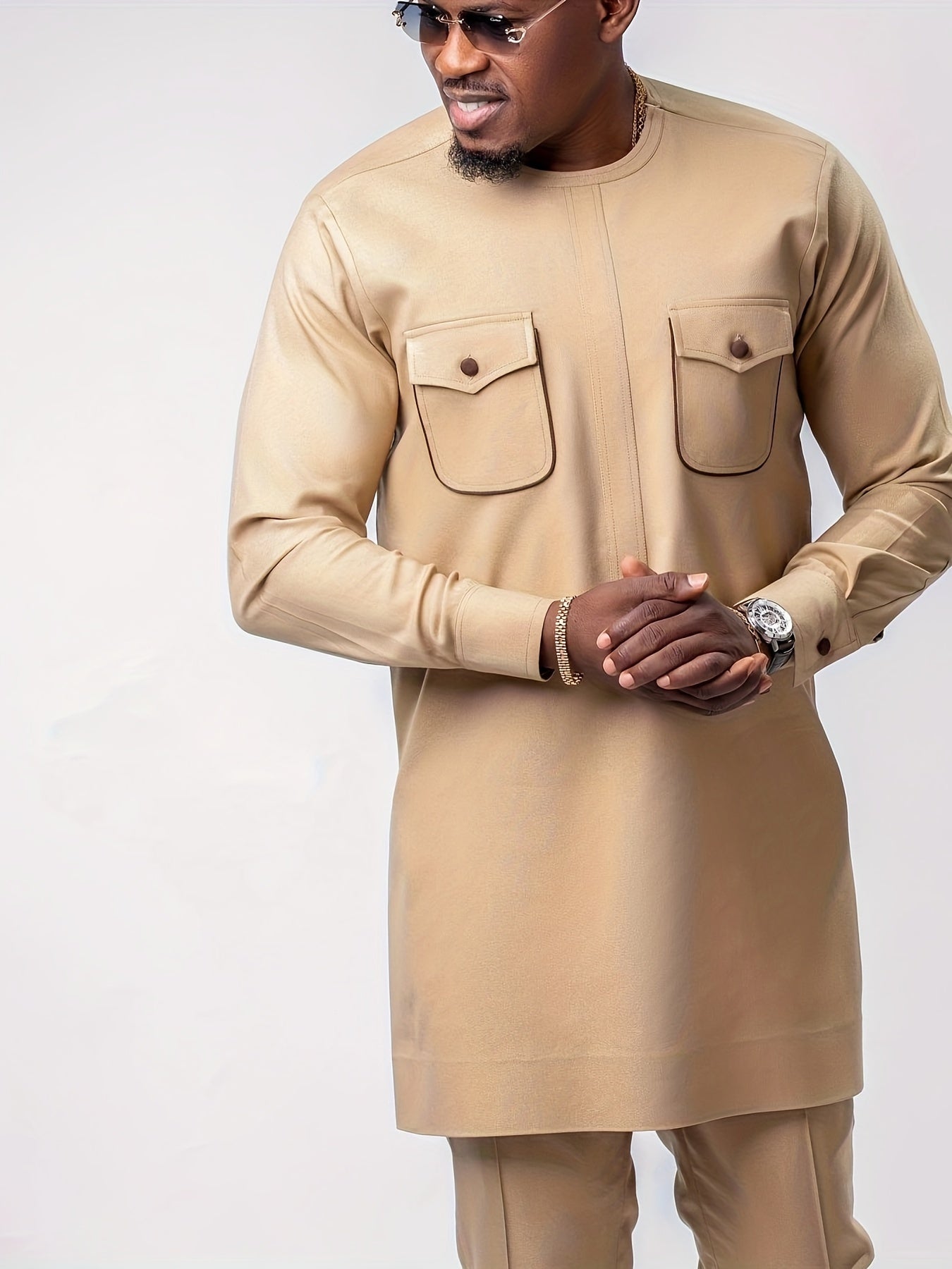 African men kaftan, Cultural outfit set, Crew neck shirt, Tailored trousers, Men's fashion