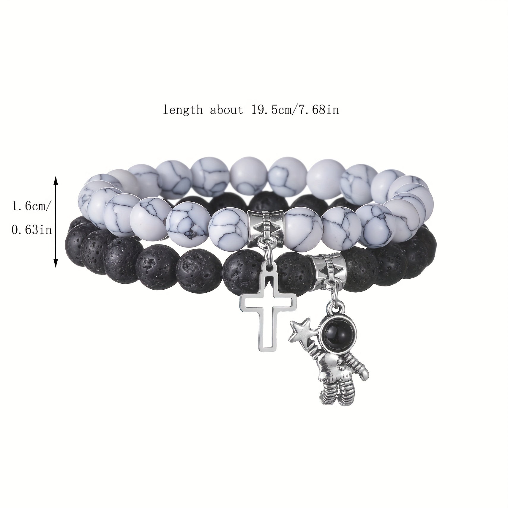 Volcanic Stone Cross Astronaut Pendant Bracelet for Men | Black & White