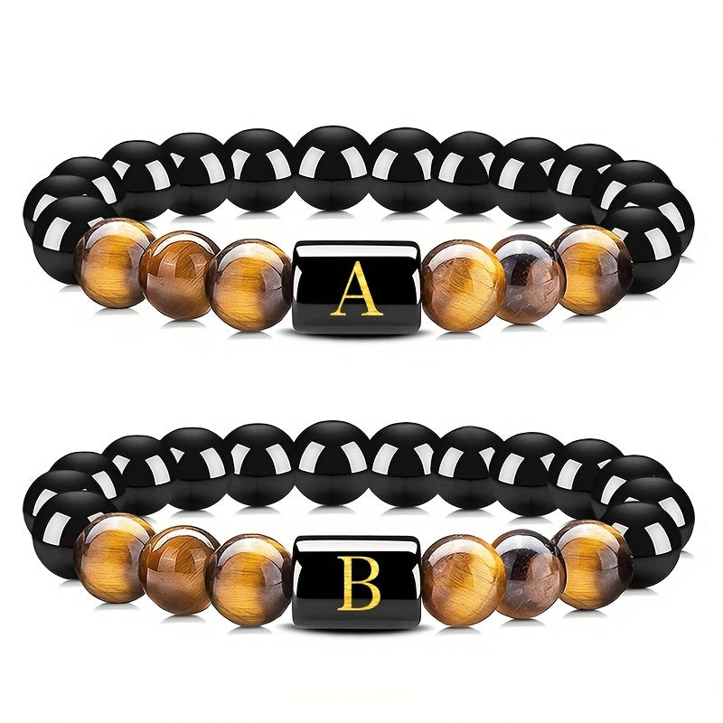 Natural Tiger Eye Stone Alphabet Letter Elastic Rope Bracelet for Men | Black
