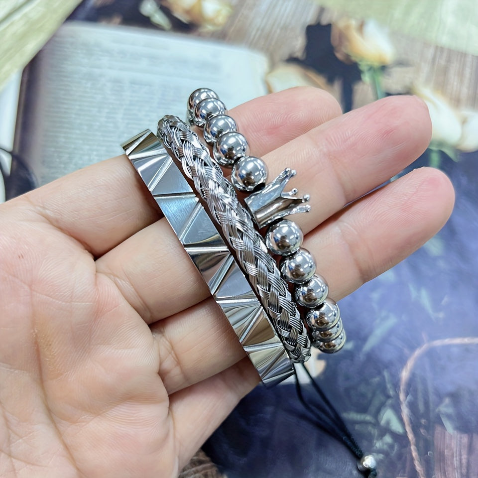 Stylish Men's Beaded Bracelets, Stainless Steel Bangles, Men's Fashion Accessories