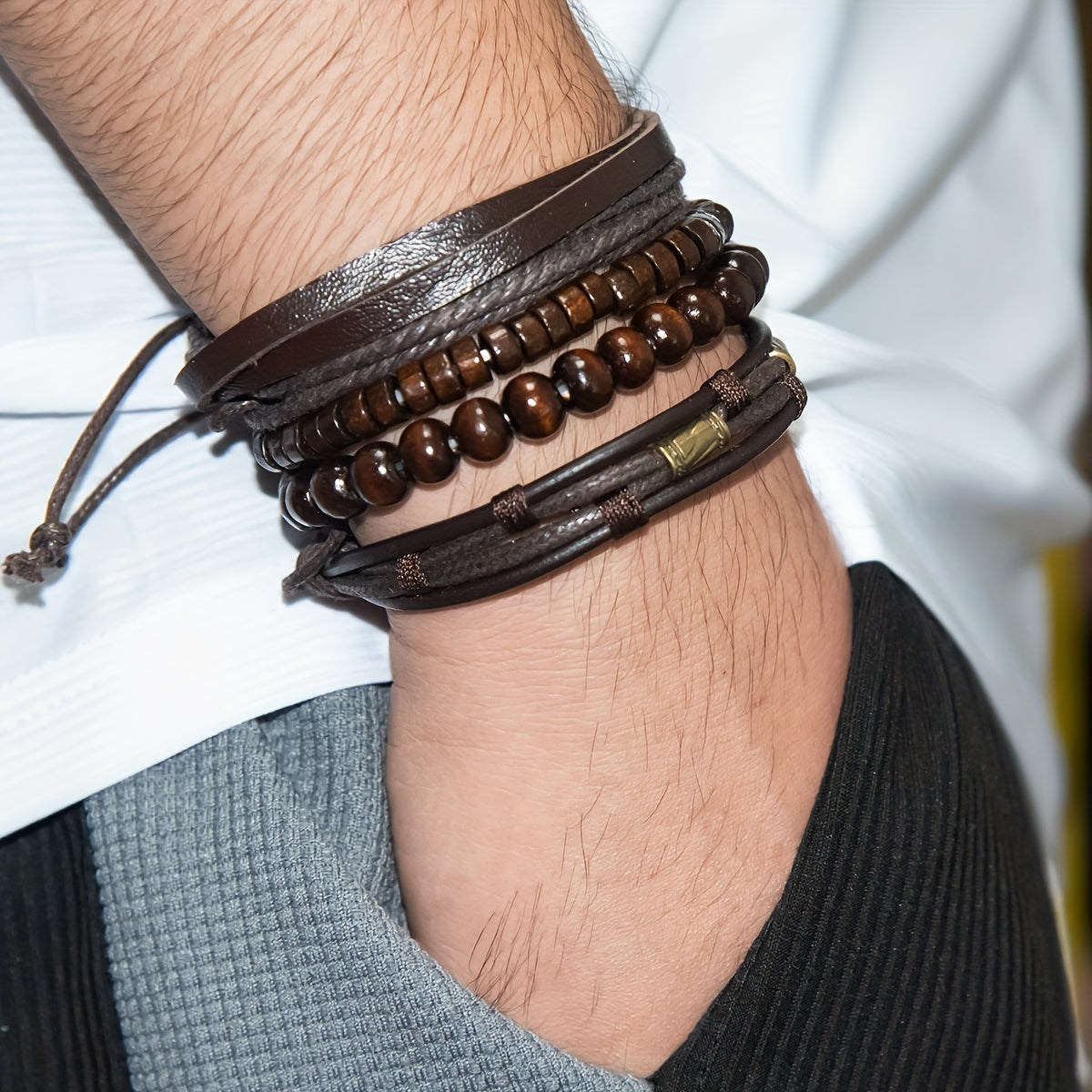 Brown braided leather bracelet set, Stylish wristwear, Trendy fashion accessory, Versatile leather bracelet set.