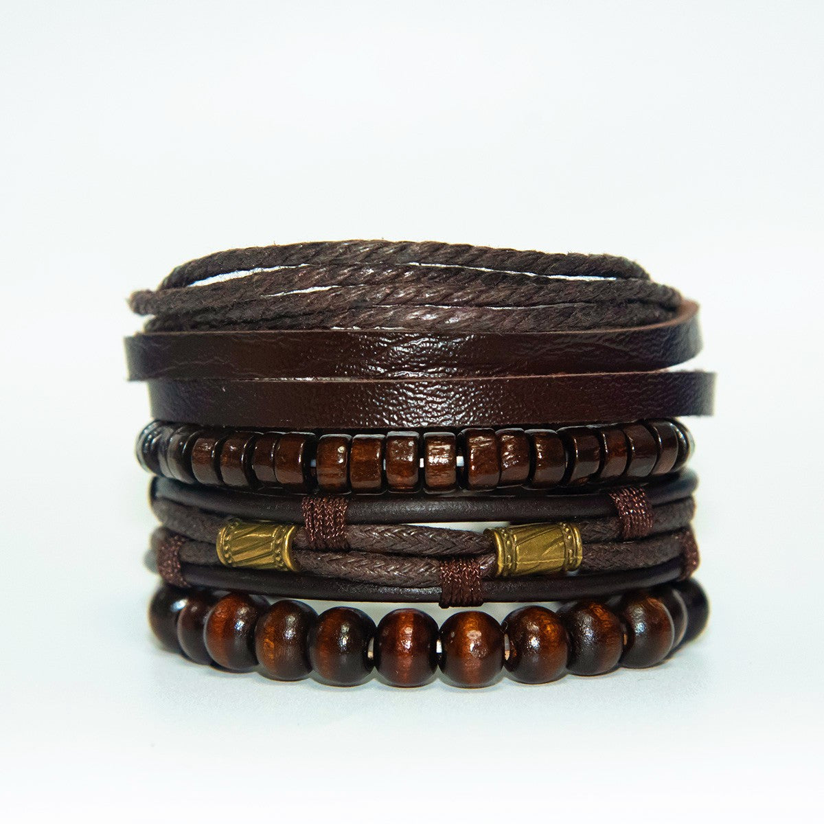 Brown braided leather bracelet set, Stylish wristwear, Trendy fashion accessory, Versatile leather bracelet set.