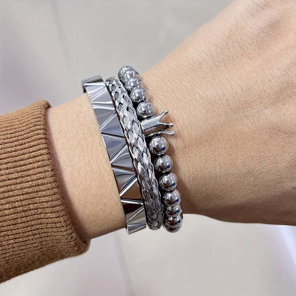 Stylish Men's Beaded Bracelets, Stainless Steel Bangles, Men's Fashion Accessories