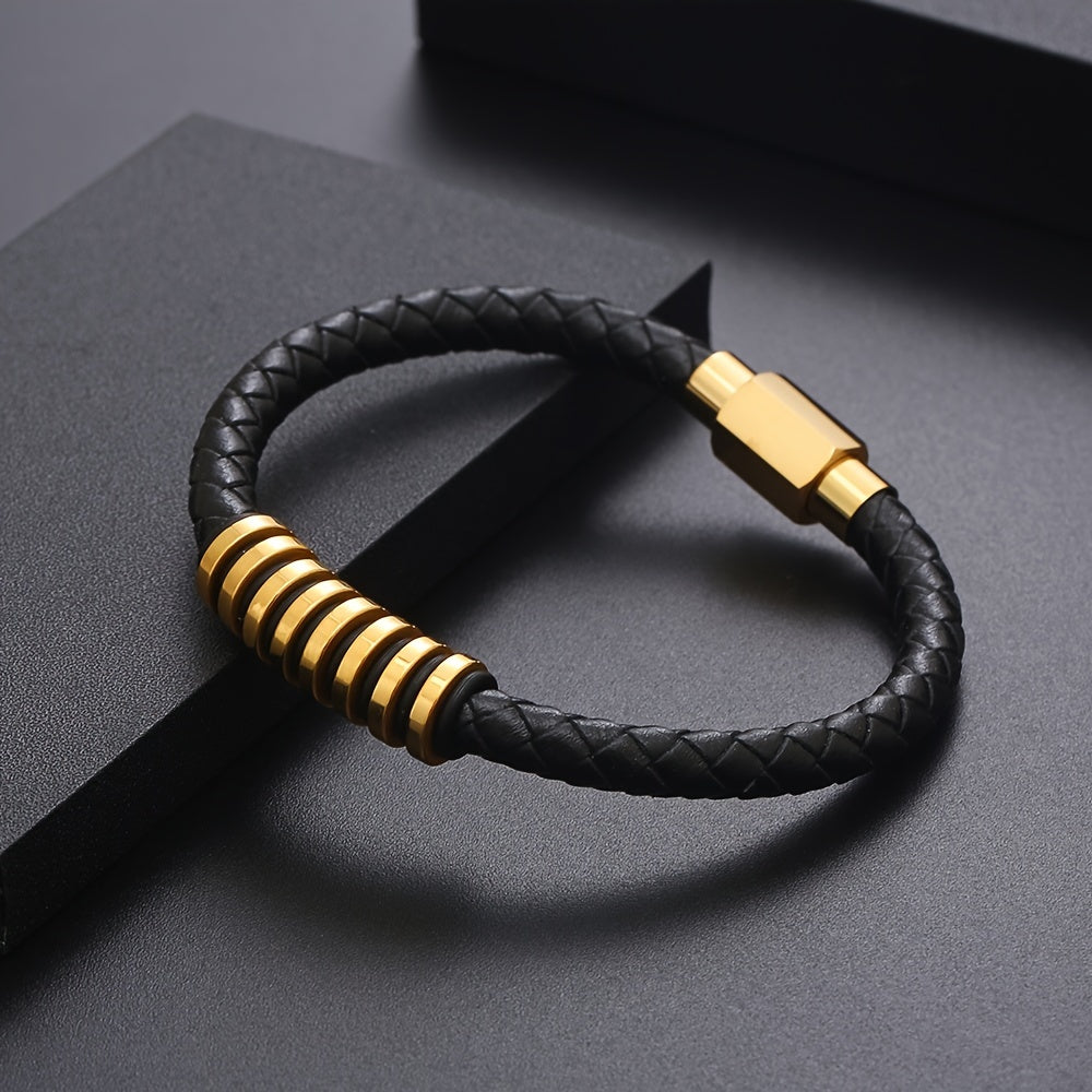 Men's Black PU Leather Bracelet, Stainless Steel Buckle Bracelet, Braided Cuff Wristband, Men's Fashion Accessory