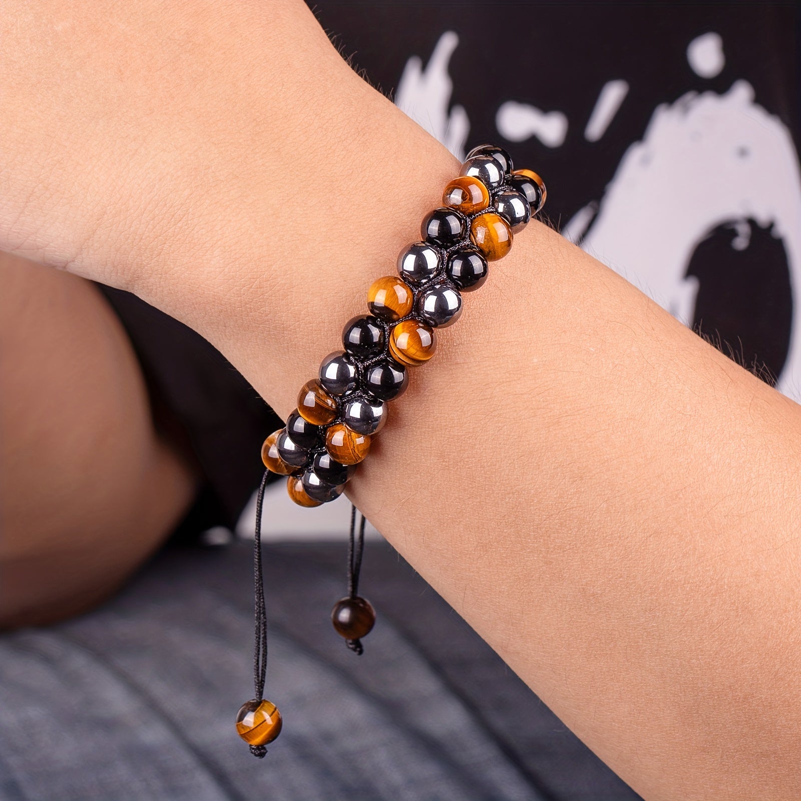 Double-Layer Tigers Eye and Obsidian Bracelet