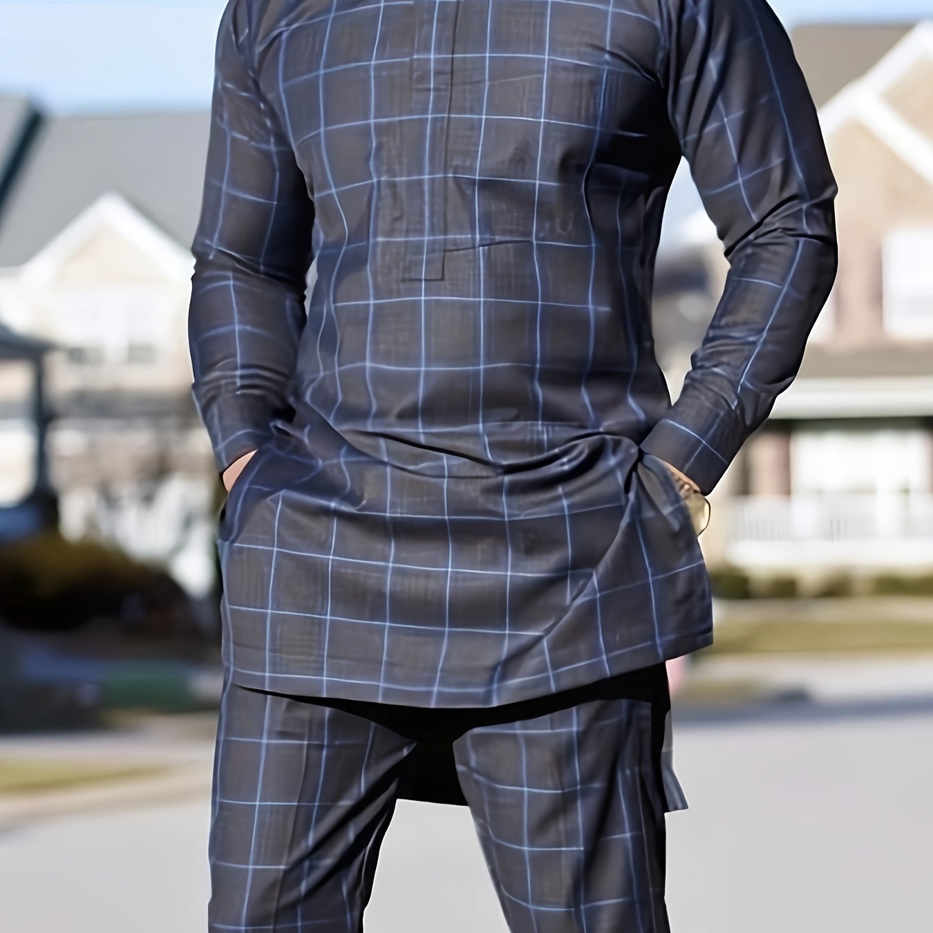 African men's outfit set, checkered pattern robes, drawstring trousers, cultural attire, men's fashion