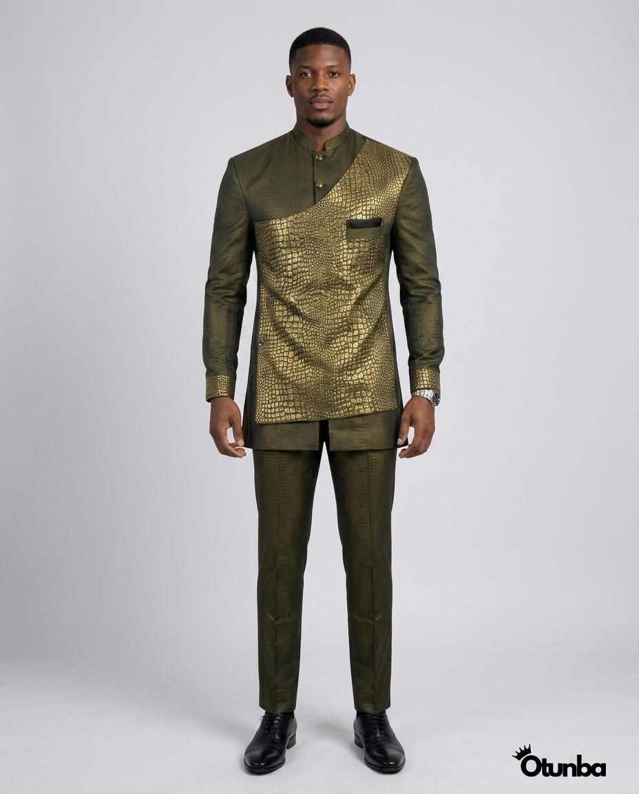 Luxury African Men Kaftan | Custom Sizing | Crocodile Pattern  OTUNBA