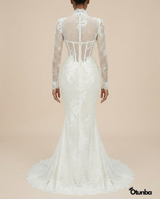 Luxury Mermaid Shiny Beads Pearls Wedding Dress | Long Sleeve Turtle Neck — Photo 1 | OTUNBA Luxury Fashion