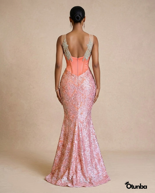 Luxury Party Beaded Lace Dress | Pink — Photo 5 | OTUNBA Luxury Fashion