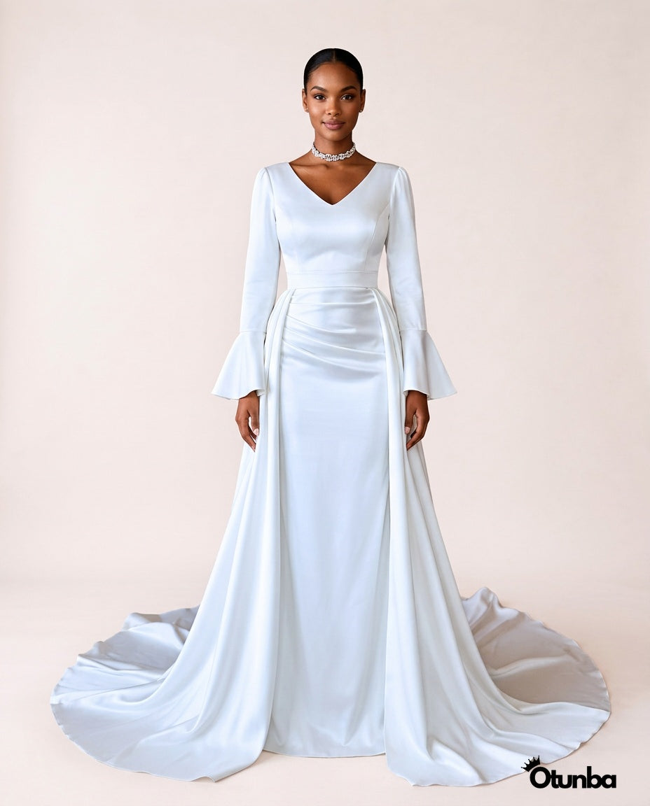 chinese dress ladies Classy Satin Wedding Dress with Long Sleeves Elizabeth Made to Order / White / 10 US (42 EU)