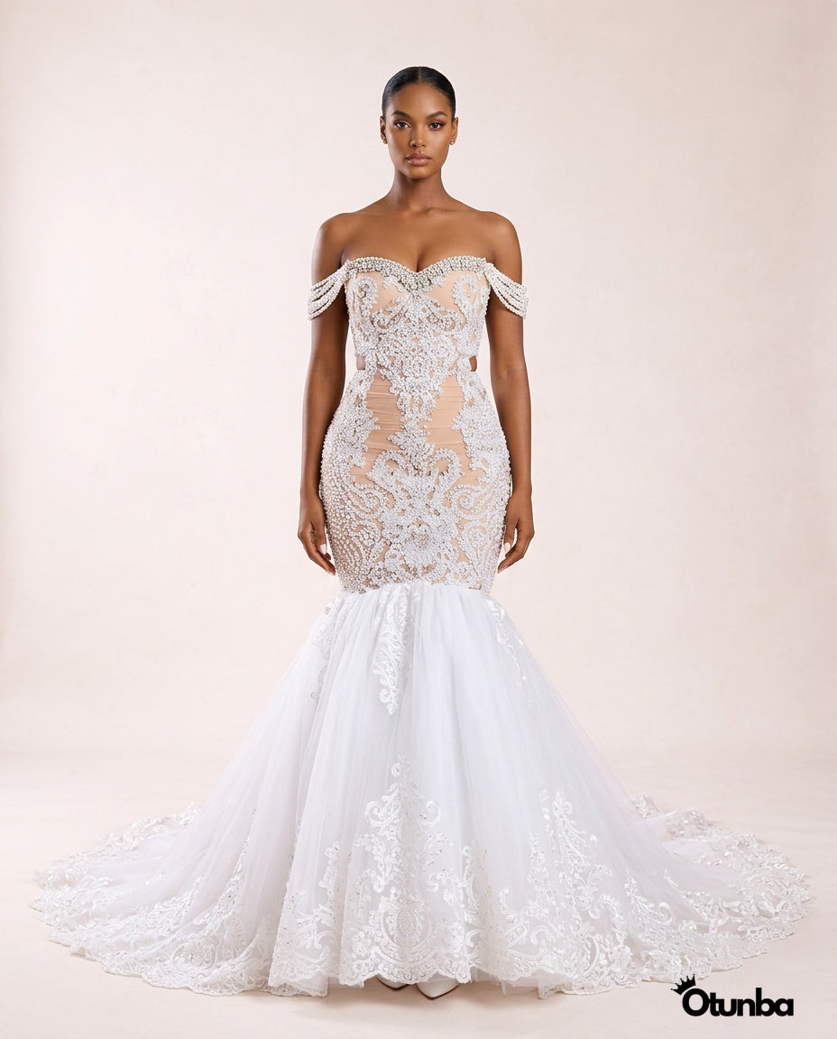 Luxury Shiny Beaded Wedding Dress | White OTUNBA Luxury Shiny Beaded Wedding Dress | White OTUNBA