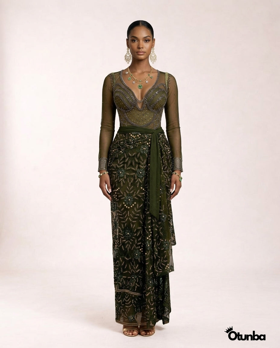 Luxury Shiny Lace Tradition Wedding Attire | Green OTUNBA Luxury Shiny Lace Tradition Wedding Attire | Green OTUNBA