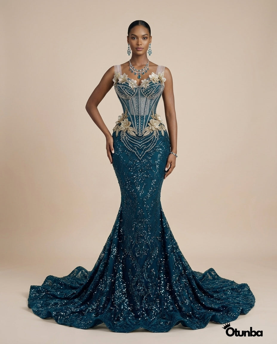 Luxury Traditional George Lace Wedding Attire | Silver and Blue OTUNBA Luxury Traditional George Lace Wedding Attire | Silver and Blue OTUNBA