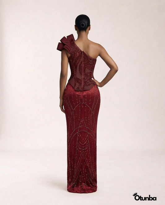 Luxury Traditional Wedding Party Dress | Burgundy — Photo 5 | OTUNBA Luxury Fashion