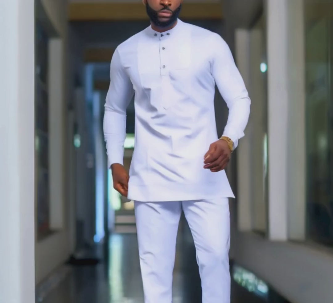 African Men Kaftan in All White.