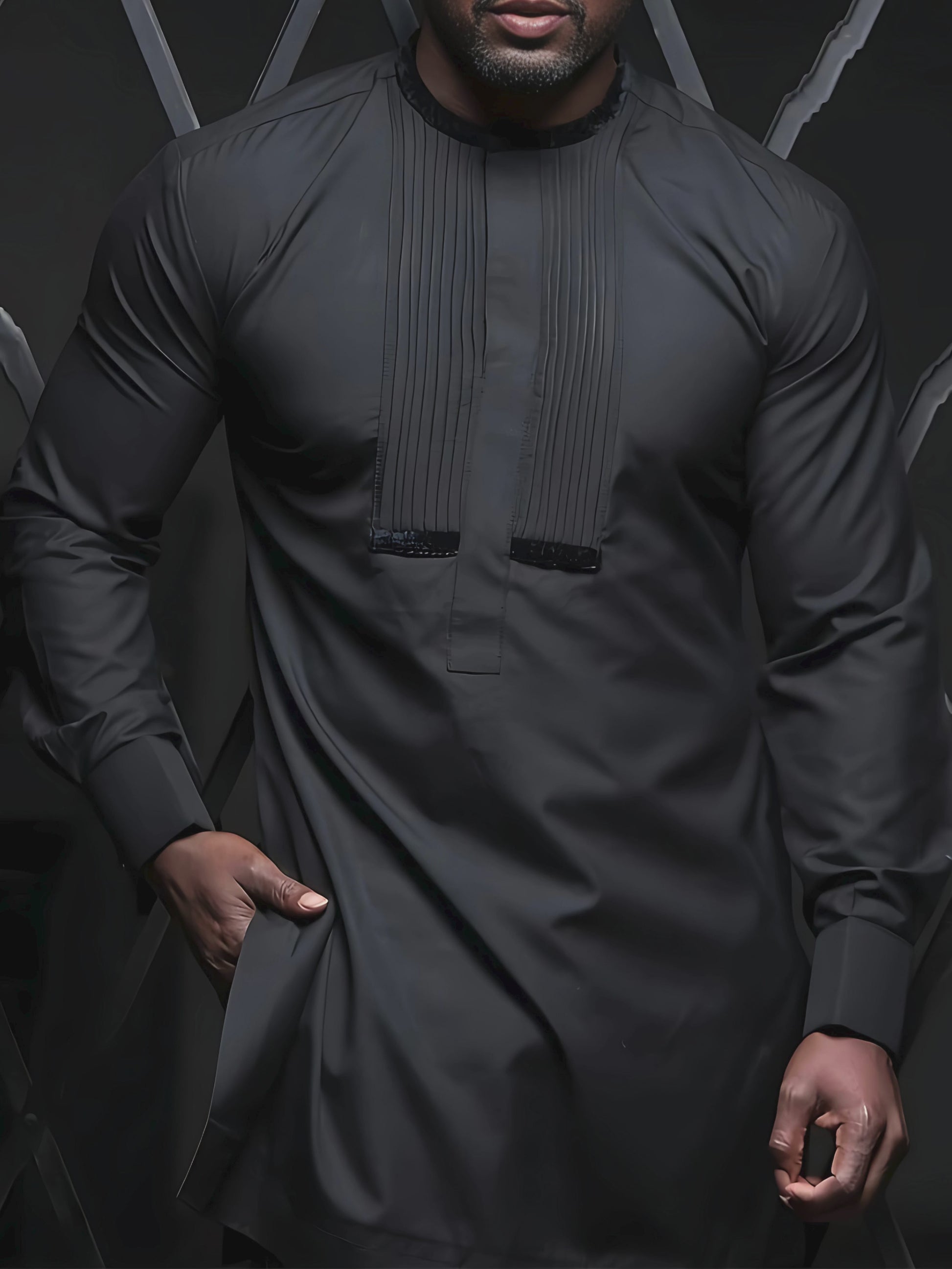 African men's black kaftan outfit set.