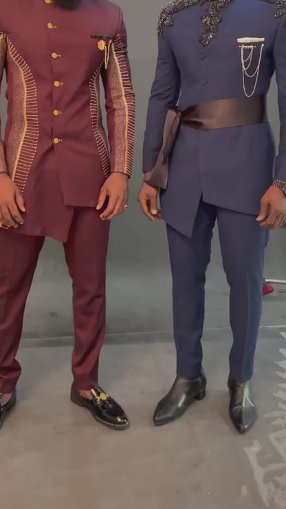 African Men Kaftan, Navy Blue Senator Wear, Custom-sized Men's Clothing, Luxury Wedding Attire