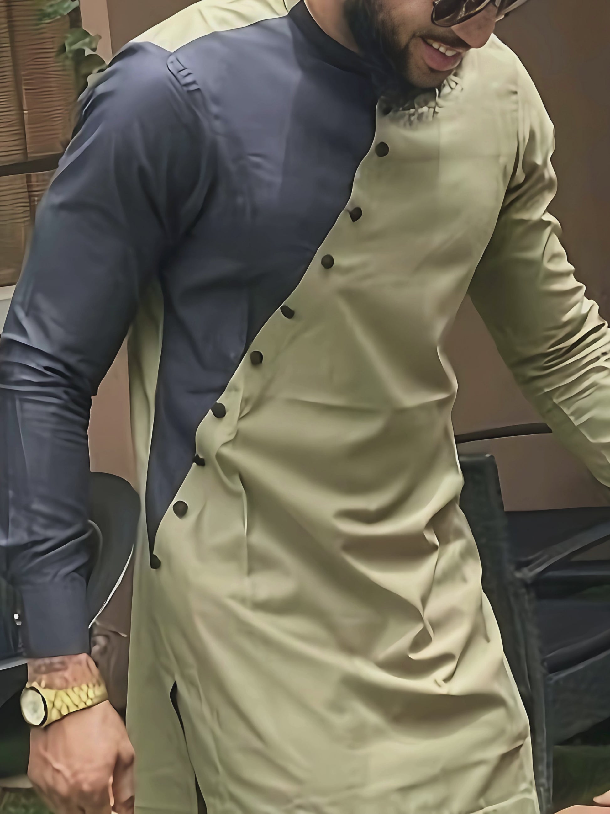 African men kaftan, men's African outfit set, color matching shirt, solid trousers, wheat colored