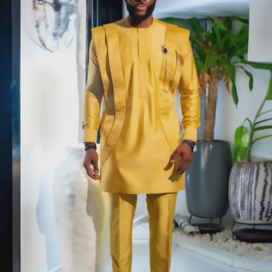Gold African Men Kaftan, Custom-sized Senator Wear, Nigerian clothing for men, Traditional African fashion