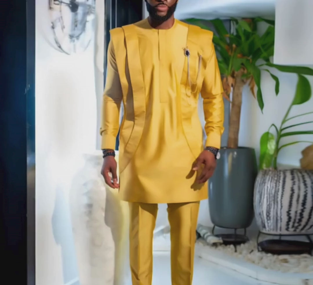 Gold African Men Kaftan, Custom-sized Senator Wear, Nigerian clothing for men, Traditional African fashion